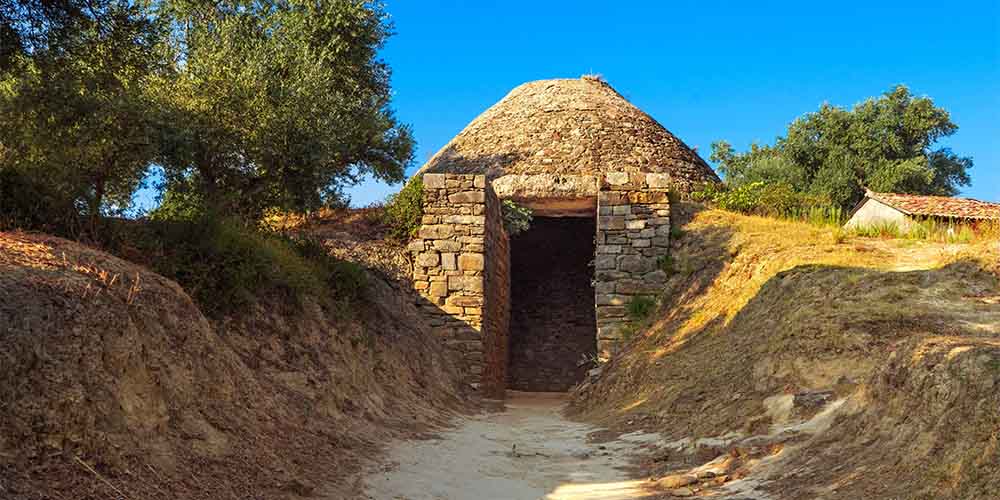 The opening of a royal tomb made of stones built into a mound is shown in Pylos, Greece.