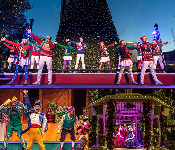 A christmas-themed theatre production; people stand on a red stage with a green christmas tree behind them, some are dressed in festive colours and others are wearing costumes like a nutcracker or a gingerbread man.