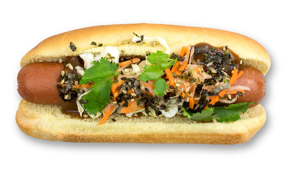 Hank's Haute Dog dressed with ginger glaze and garnished with seaweed and sesame seeds