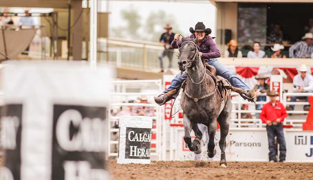 A woman wearing a purple and white checkered top is sitting on top of a dark brown horse. Her legs are sprayed out in the stir ups as the horse gallops around a dirt area. There are people sitting in stands behind her watching.