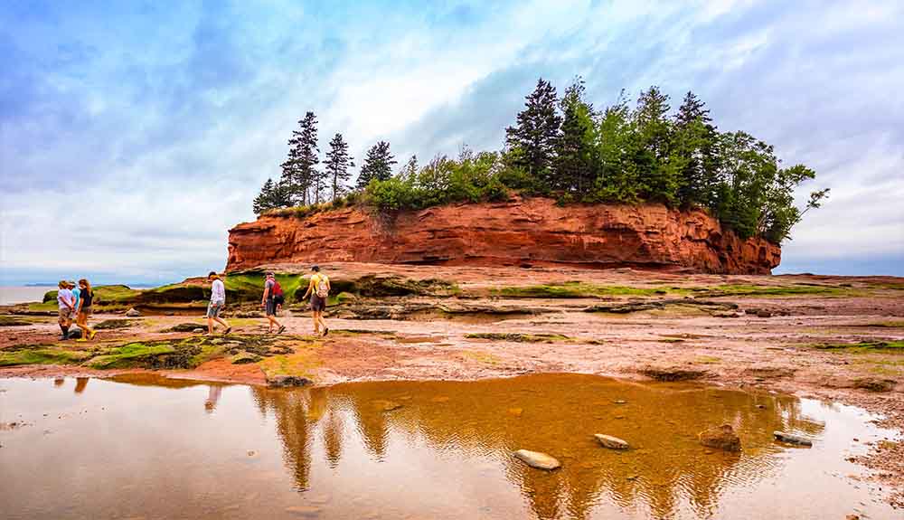 A group of people are walking in front of an expansive red rock with trees on top of it. There reddish-brown coloured sand and a small pool of water on the other side of them.