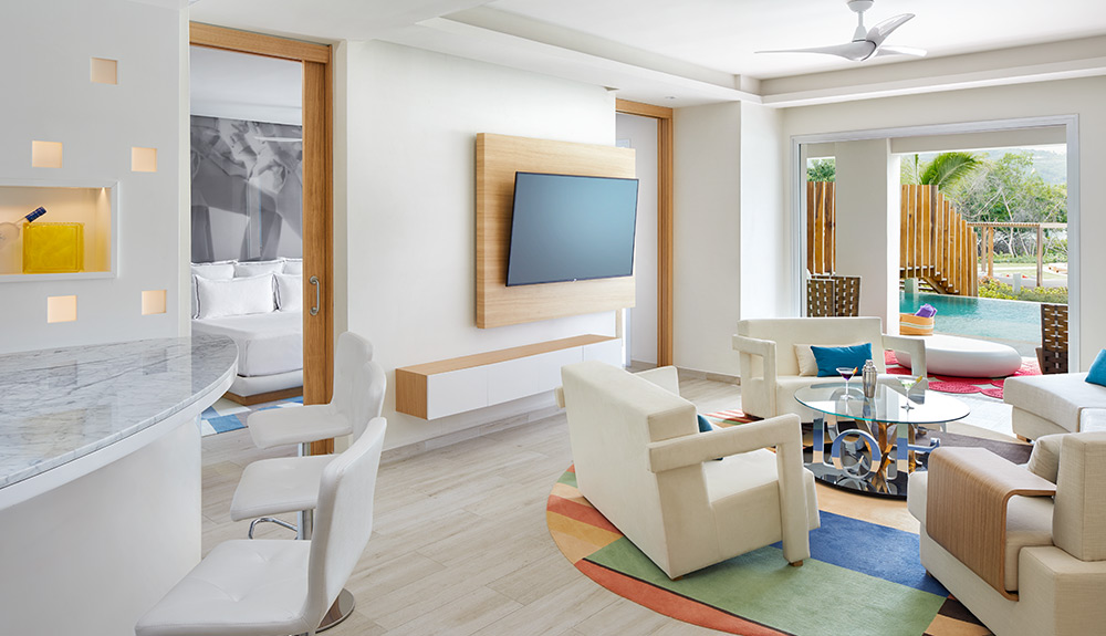 The bright and clean interior of a hotel room in the Breathless Montego Bay resort in Jamaica
