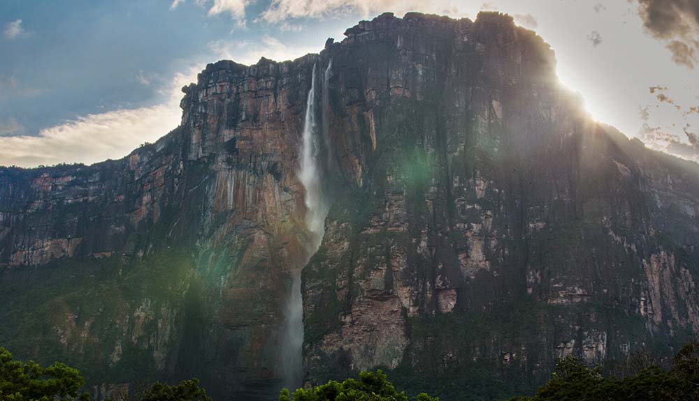 A thin stream of water falls from Angel Falls in Venezuela
