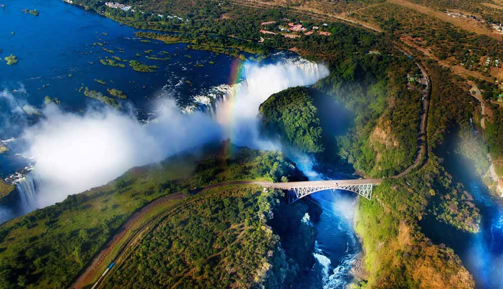 An aerial photo shows Victoria Falls in Zambia/Zimbabwe