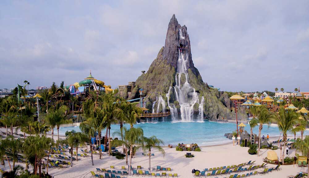 Volcano erupting with water at Volcano Bay Water Park in Florida