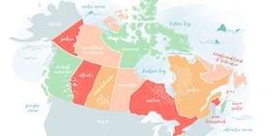An illustration of the map of Canada, each province labelled in cursive writing and coloured in shades of red, orange, pink and green