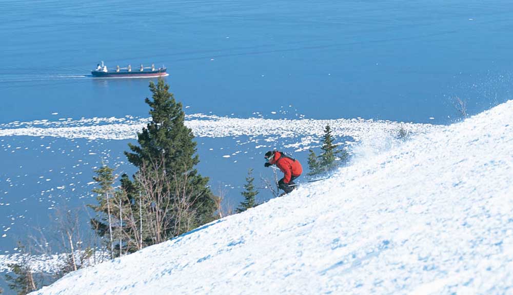 A person wearing a red ski jacket ad black snow pants is midway down a hill on their skis. Behind them is water with ice caps in it.