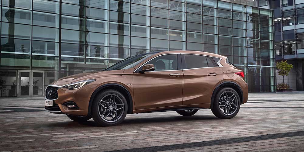 Luxury brown SUV parked outside glass building