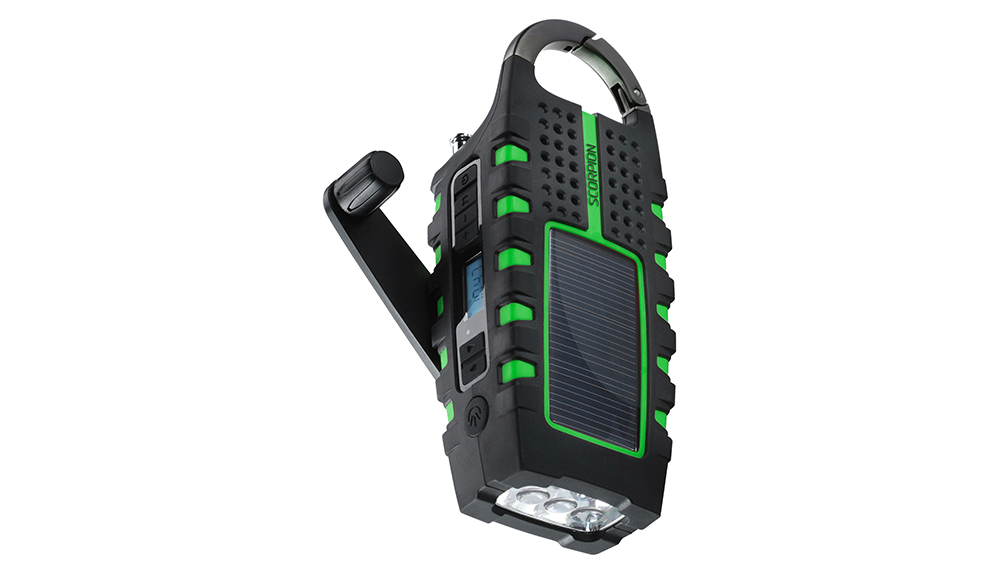 Product shot of weather-resistant radio in black with green details