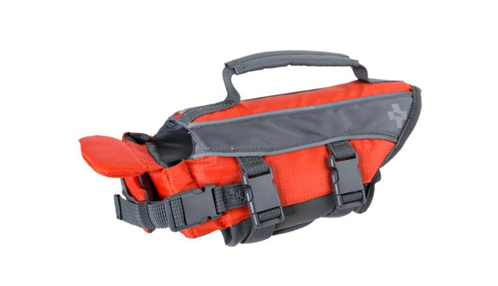 Product shot of a red and grey dog life jacket