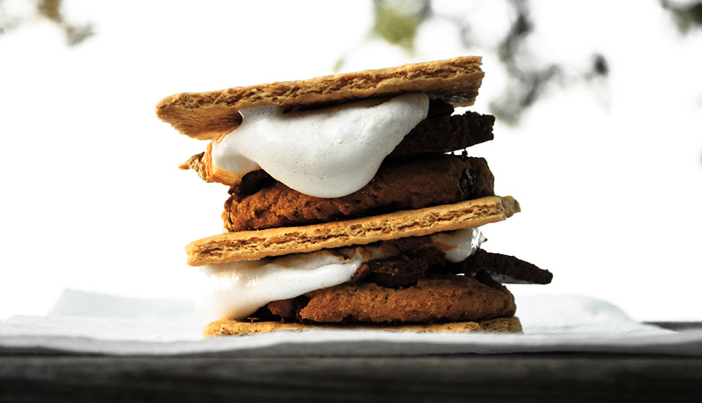 Stack of two s'mores close up on a table outside