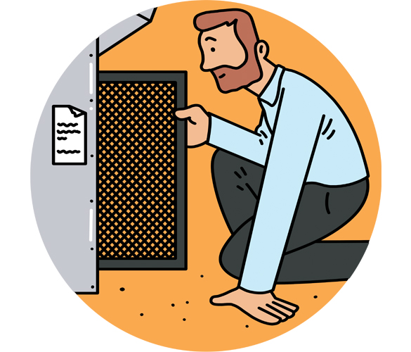 An illustrated man with a beard kneels on the ground in front of a grey water heater. He has one hand on an open panel while he looks inside.