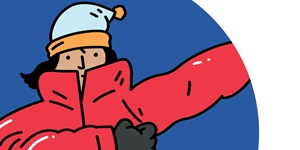 An illustrated person wearing a light blue hat and grey gloves puts on a red puffer jacket.