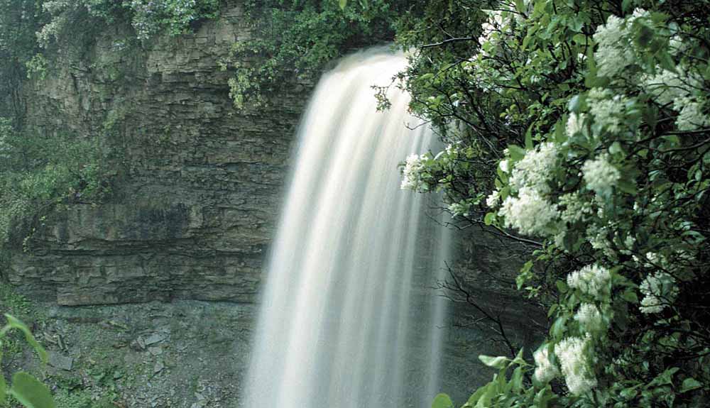 The powerful stream of Borer's Falls in Hamilton, Ontario