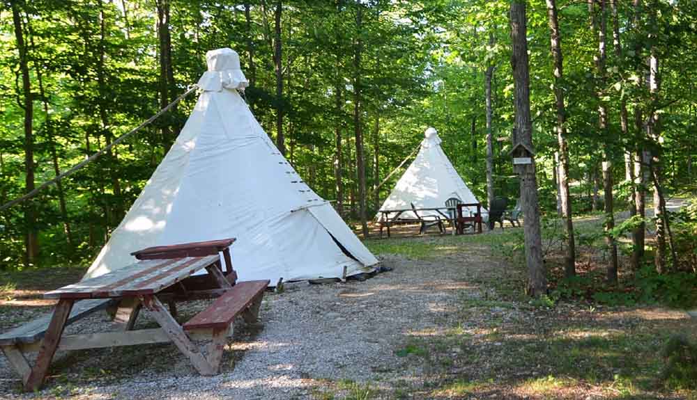 Two modern Teepees are seen beside picnic benches in a shady forested area on Manitoulin Island