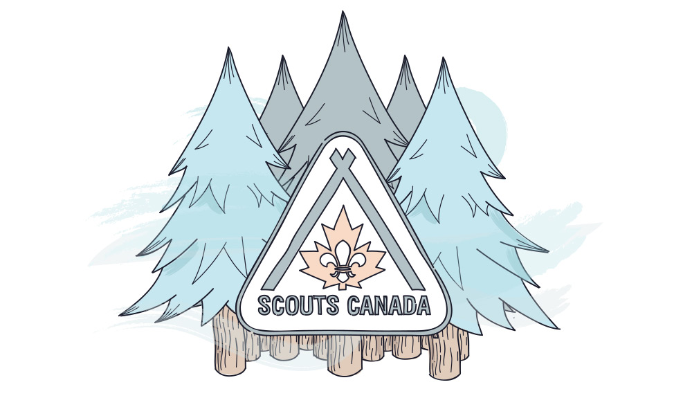 Illustration of evergreen trees with patch with Scouts logo in front 
