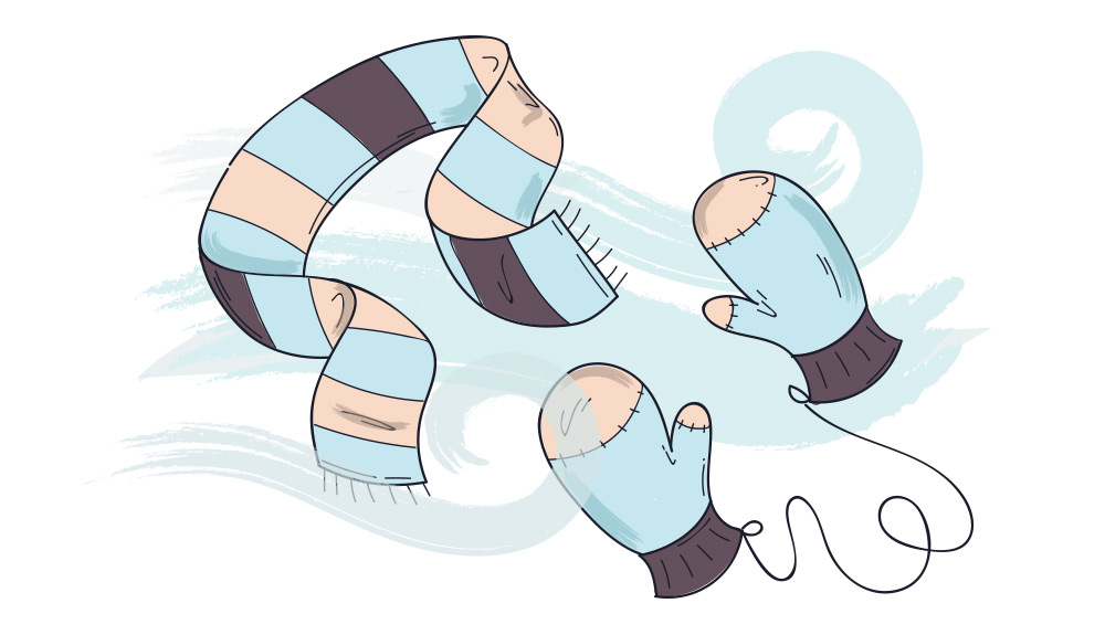 Illustration of cozy winter accessories among a gust of wind, including a striped scarf and warm mittens tied together with a string