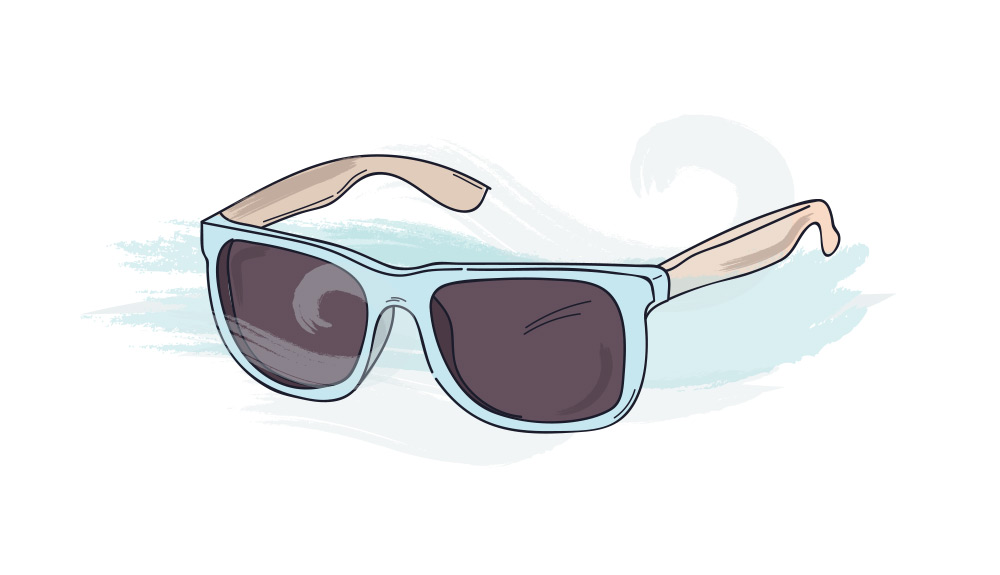 Illustration of Ray Ban sunglasses with a gust of wind blowing in the background