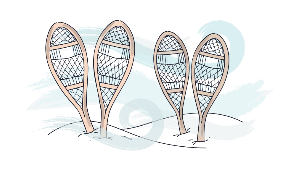 Illustration of two sets of snow shoes jutting out from small snowy mounds, a gust of wind blowing in the background