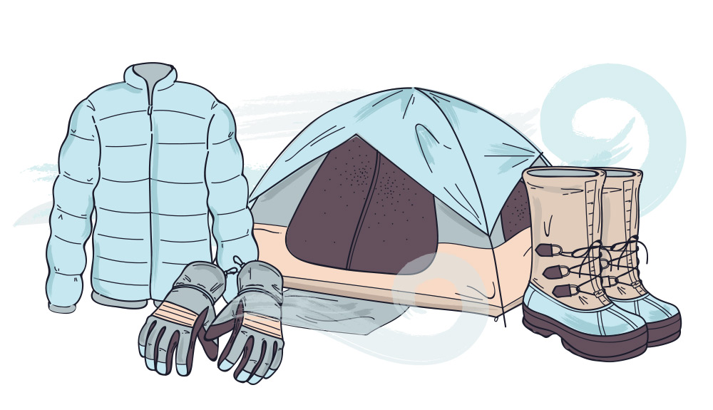 Illustration of winter camping essentials including a puffer jacket, thick gloves, a camping tent and warm, waterproof winter boots