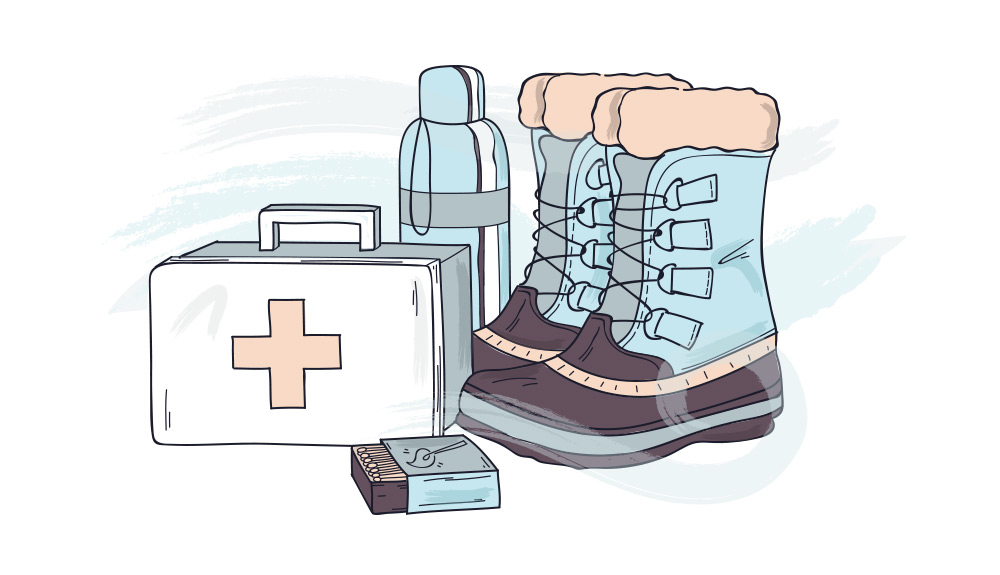 Illustration of essential winter camping equipment including a first aid kit, box of matches, metal water bottle and cozy waterproof winter boots