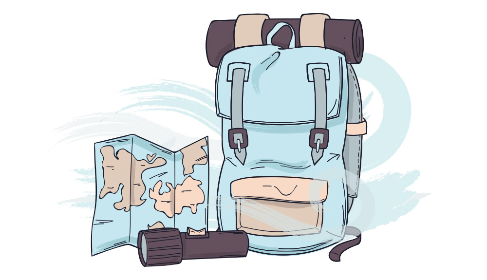 Illustration of map, flashlight and large camping pack with sleeping bag secured to the top