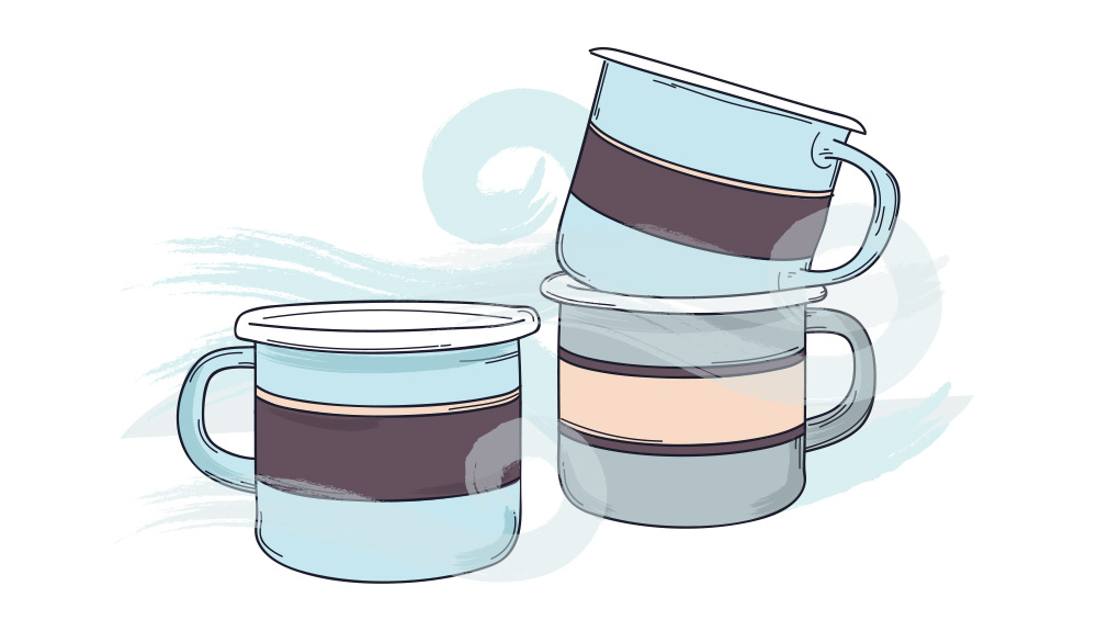 Illustration of small camping mugs with stripes down the center