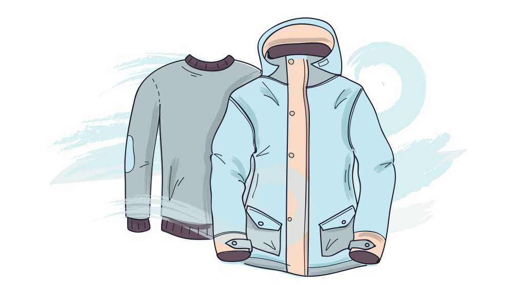 Illustration of cozy winter pullover and warm, waterproof winter jacket with hood and deep pockets