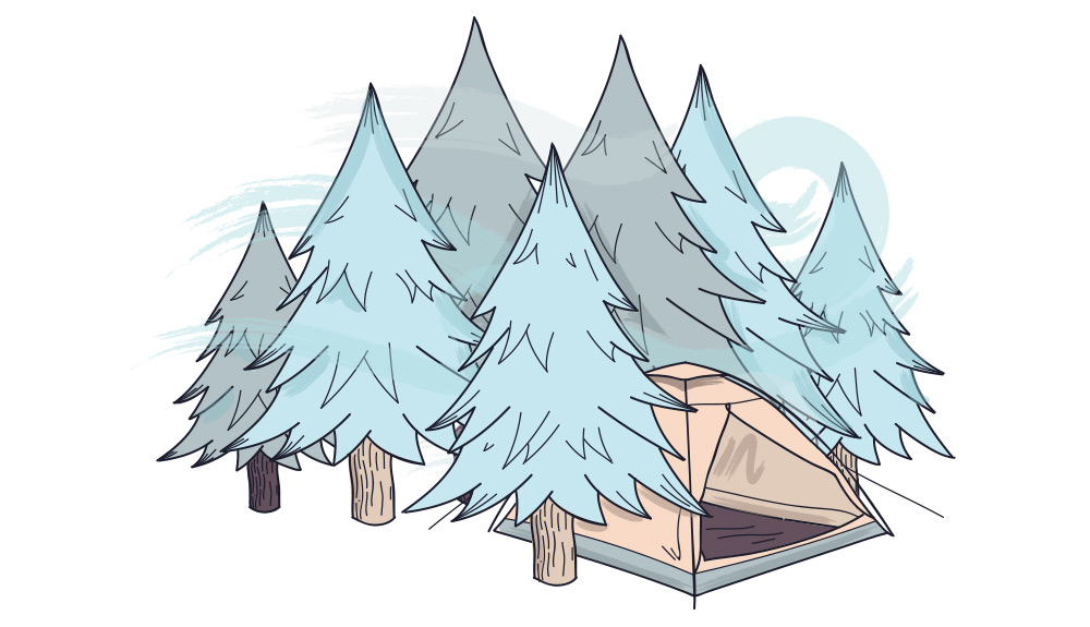 Illustration of camping tent nestled among tall trees in snowy winter setting