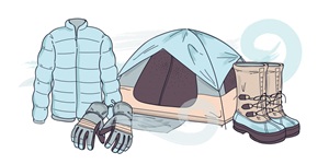 Blue and light brown illustration of camping gear including a puffer jacket, thick gloves, a tent and waterproof winter boots