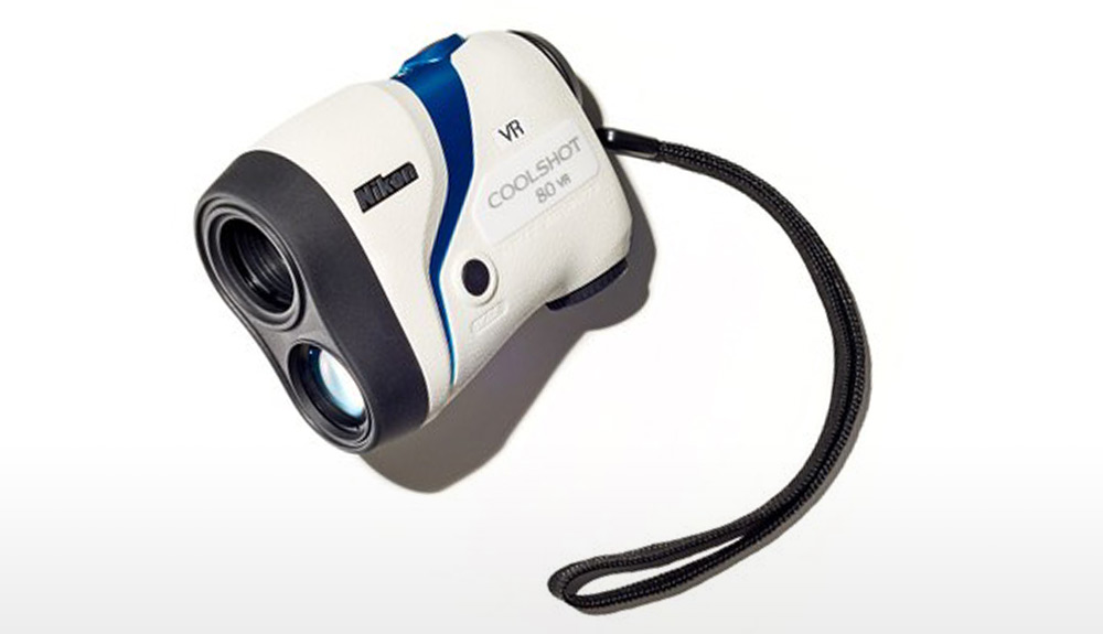 Product shot of white, grey and blue Nikon Coolshot 80 VR Laser Rangefinder on white