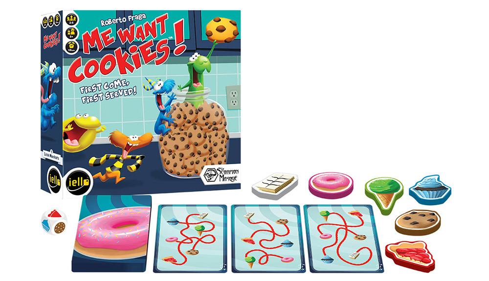 Me Want Cookies! board game is displayed with cards and game pieces