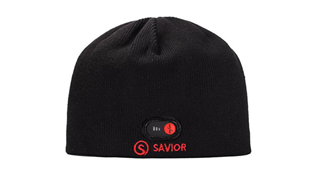 Product shot of a black beanie, the Savior Ritzy Heated hat