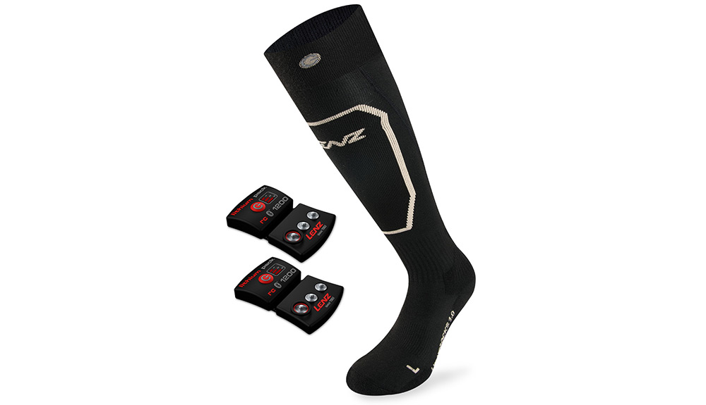 Product shot of high rise Lenz Heat Socks in black with lithium-ion battery packs