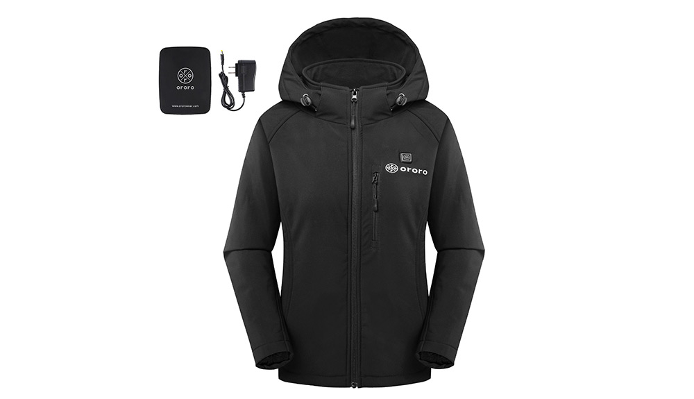 Product shot of the Ororo Heated jacket in black with charging accessories