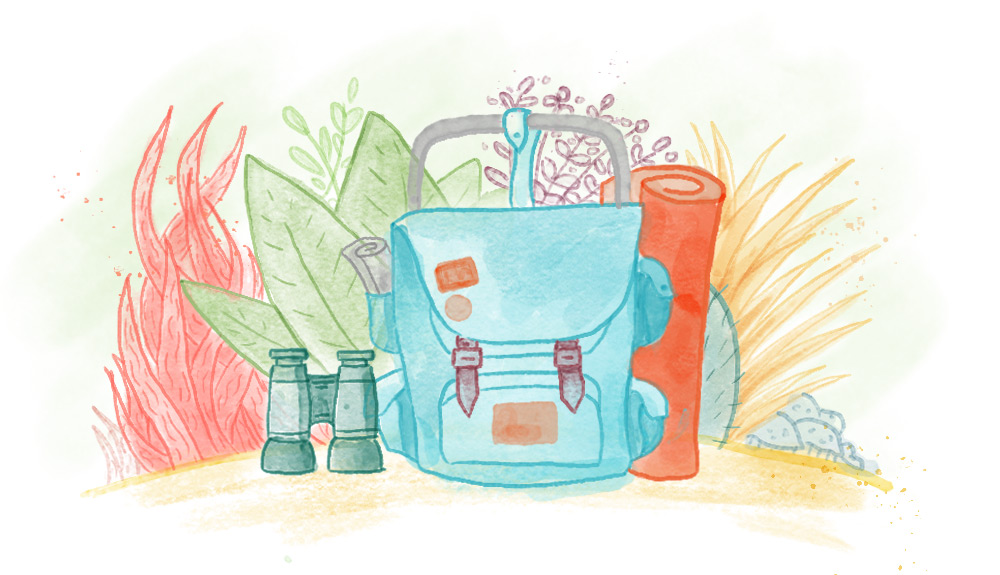 Illustration of blue backpack, green binoculars and red yoga mat in front of colourful plants