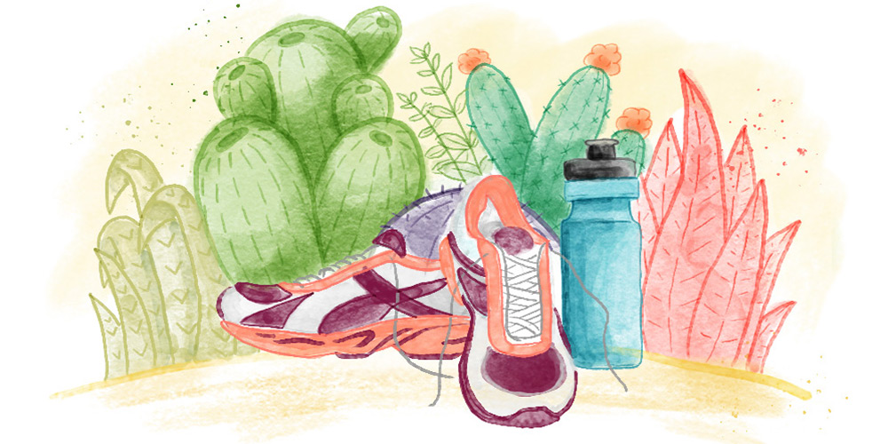 Illustration of red and purple sneakers beside blue water bottle, all in front of various plants