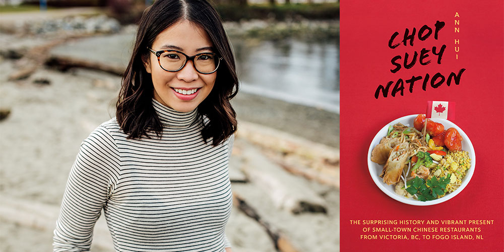 Ann Hui and the cover of her book Chop Suey Nation: The Legion Cafe and Other Stories from Canada's Chinese Restaurants