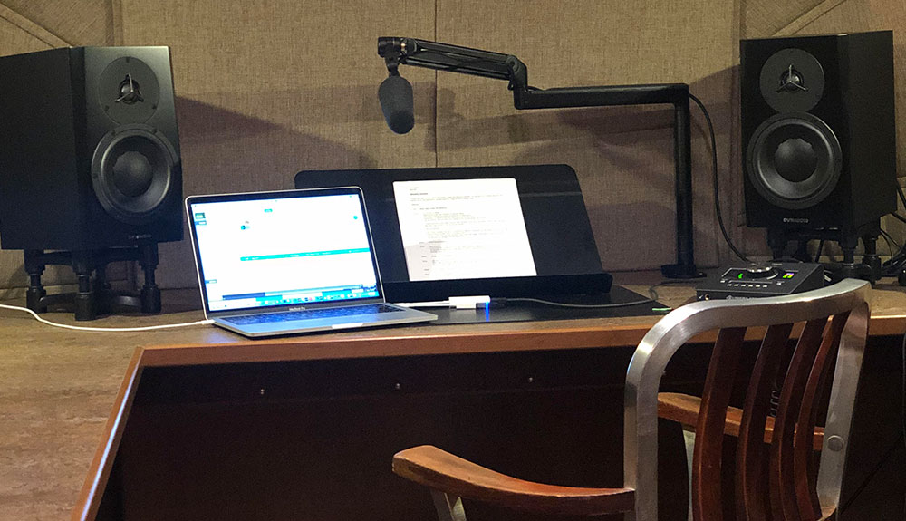 Podcast studio set up inside of the vintage trailer