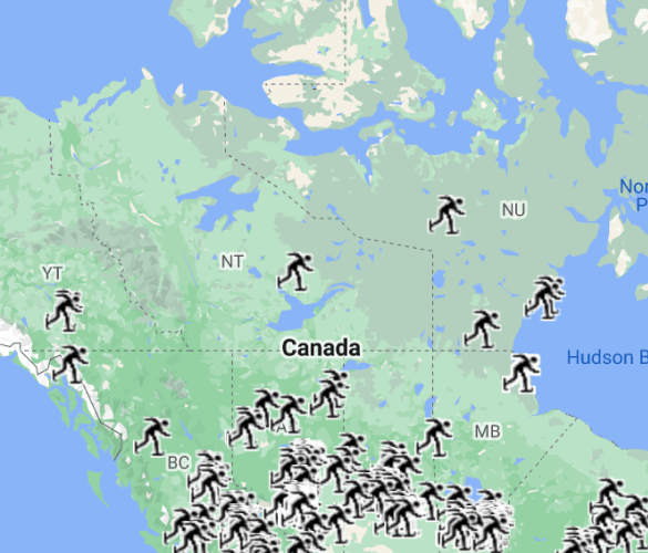A map of Canada with icons of hockey skaters on it, where a majority of the icons are situated at the bottom of the country.
