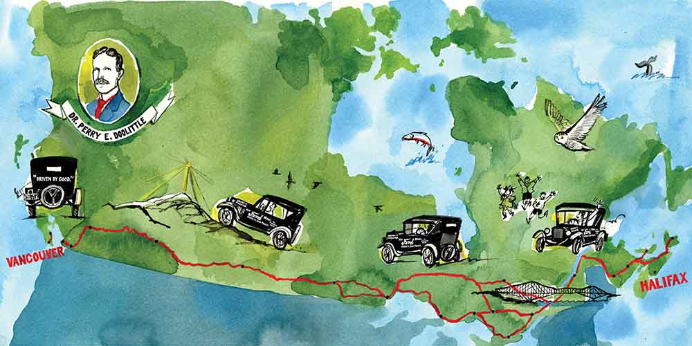 An illustrated map of the route taken by Dr. Perry Doolittle across Canada from Halifax to Vancouver. Canada is varying shades of green, surrounded by blue. You see a headshot of Dr. Doolittle on the top right, and a black car travelling west across the country. 