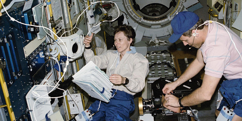 Dr Roberta Bondar seen inside Discovery space craft in a 1992 photograph