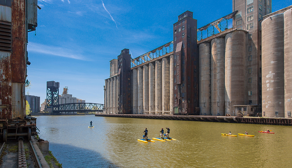 Stand-up paddleboards and kayaks seen in Elevator alley, Buffalo