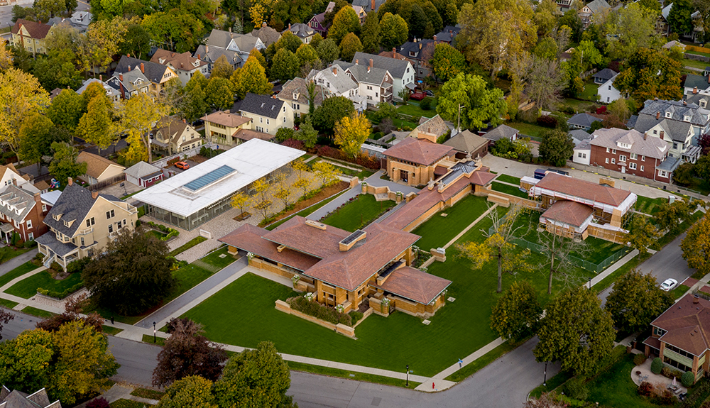 Overhead shot of the Buffalo city hall area with buildings designed by Frank Lloyd Wright