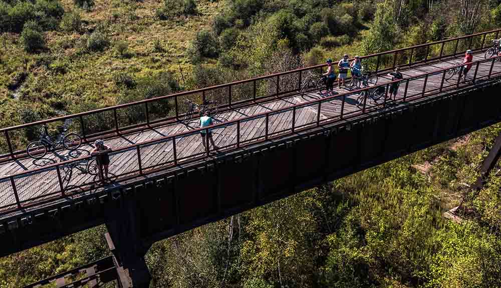 Doube's wood Trestle Bridge is seen bustling with tourists enjoying the magnificent views of the trees below