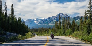 A lone motorcycle zips along an empty highway lined with large trees, a hilly snow-topped mountain seen in the mist behind