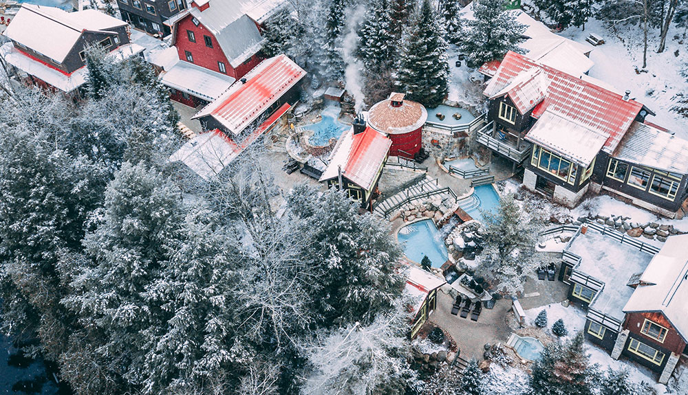 Birds eye view of Mont-Tremblant, Quebec on a snowy winter day