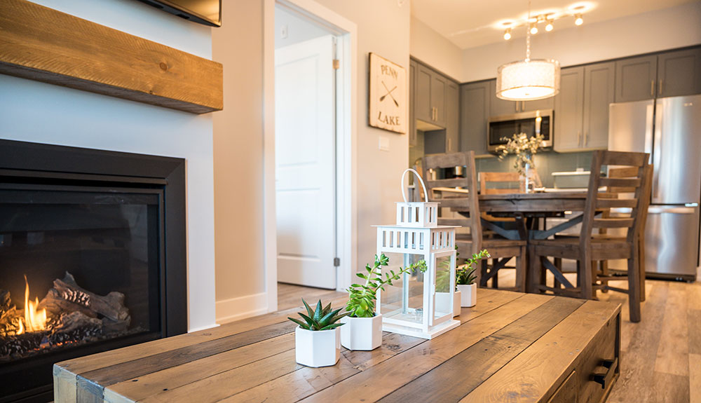 Inside the living area of a condo-style unit at Deerhurst Resort