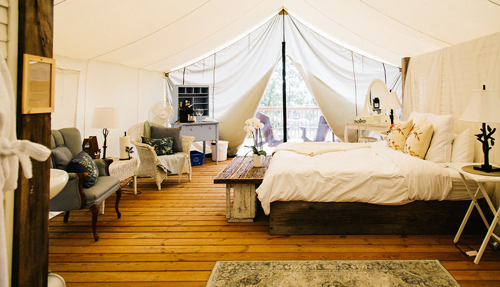 Inside one of the safari tents at Whispering Springs Wilderness Retreat