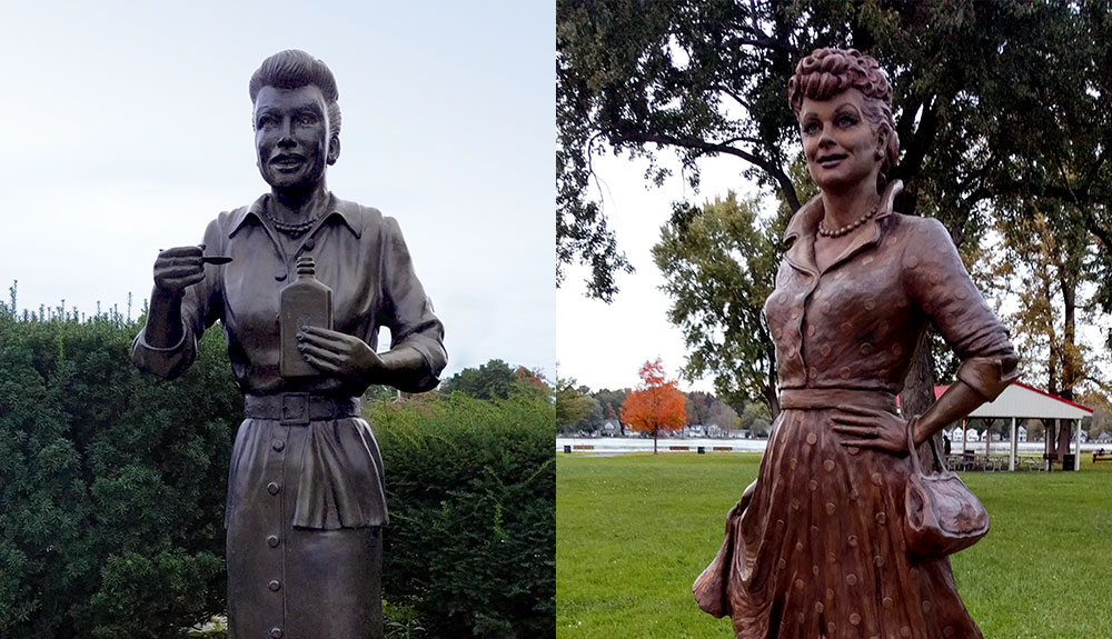 Composite photo featuring two image of statues of Lucille Ball